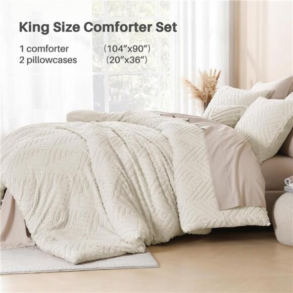 King Size Comforter Set Beige, 3 Pieces Cream Tufted Boho Farmhouse - Picture 7 of 8